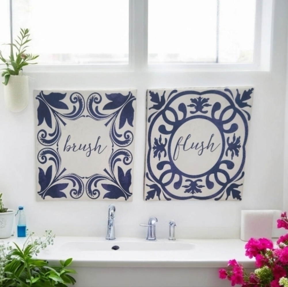 Bathroom Canvas Wall Art Decor Set Brush and Flush